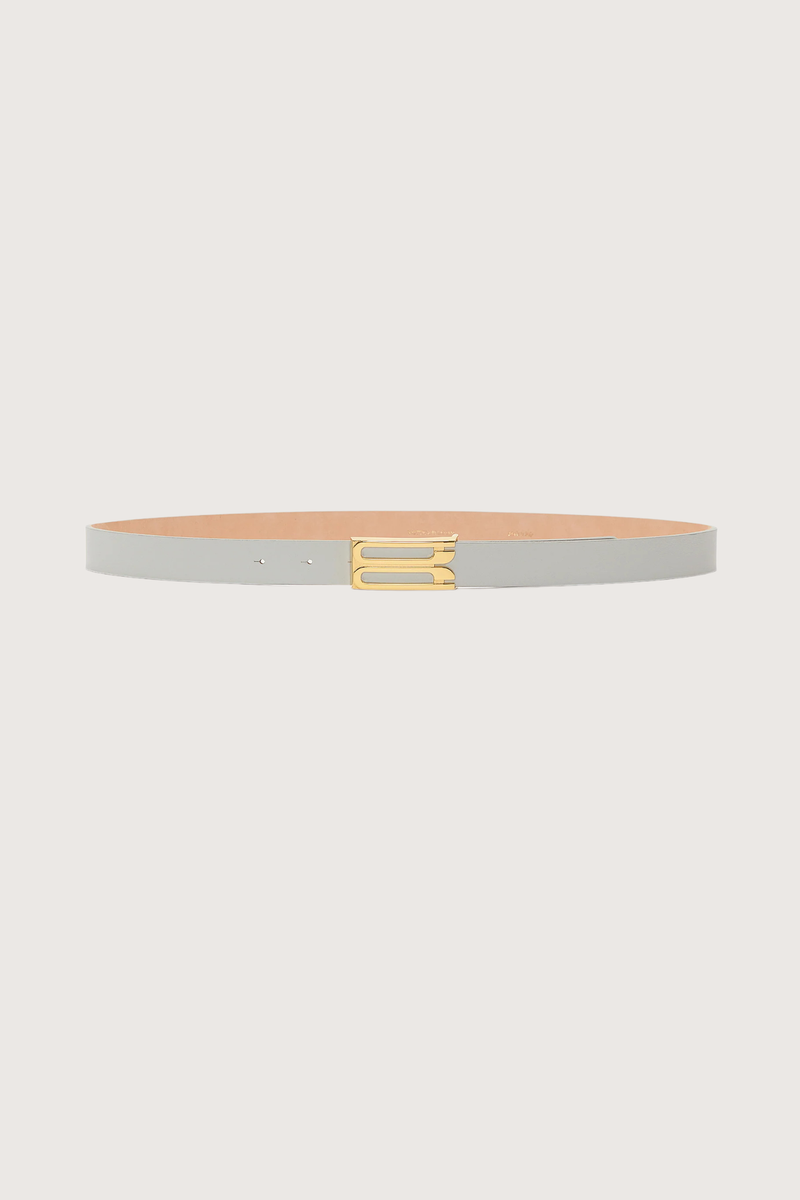 front profile Dorian Frame Belt Magnesium grey leather Signature gold plated hardware
100% Leather