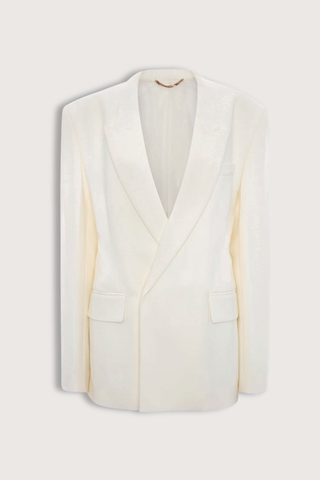 flat lay Double Breasted Tailored Jacket ivory Fluid textured twill jacket
Oversized fit
Finishes below the hip
Front jet pockets with flaps
Welt chest pocket
Hidden button closure
Closed sleeve vent
Internal chest pocket
Double back vents