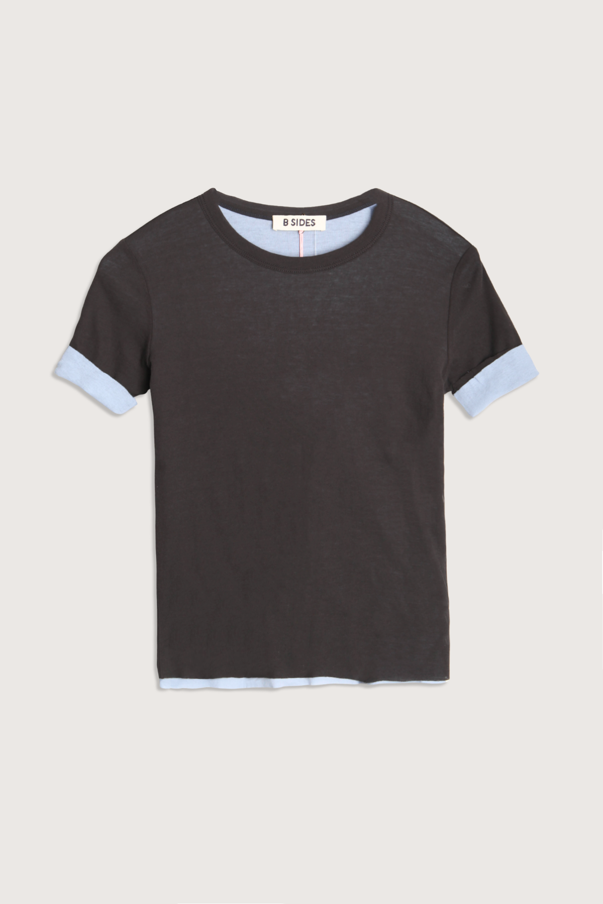flat lay Double Crepe Jersey Tee Dark Grey/Blue cotton  two-tone look sleeves
Luxe second skin short sleeve crew neck fit
Set-in sleeves
Blind stitch finishing details
