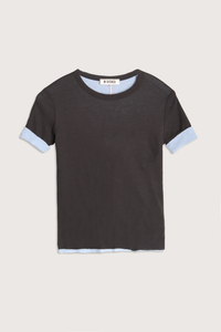 flat lay Double Crepe Jersey Tee Dark Grey/Blue cotton  two-tone look sleeves
Luxe second skin short sleeve crew neck fit
Set-in sleeves
Blind stitch finishing details