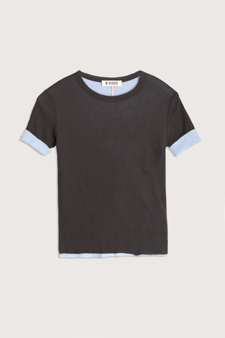 flat lay Double Crepe Jersey Tee Dark Grey/Blue cotton  two-tone look sleeves
Luxe second skin short sleeve crew neck fit
Set-in sleeves
Blind stitch finishing details