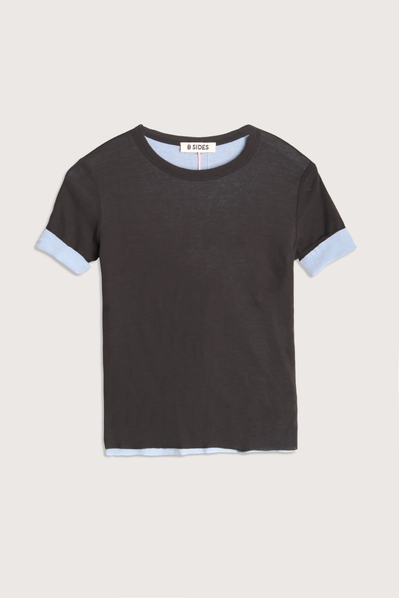 flat lay Double Crepe Jersey Tee Dark Grey/Blue cotton  two-tone look sleeves
Luxe second skin short sleeve crew neck fit
Set-in sleeves
Blind stitch finishing details