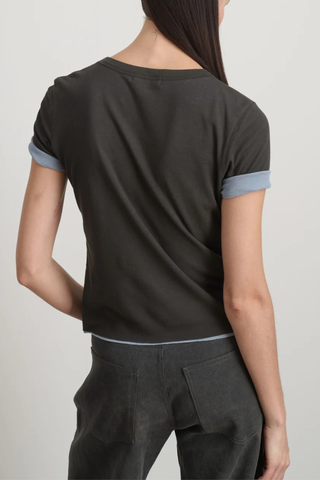 back profile model wearing Double Crepe Jersey Tee Dark Grey/Blue cotton  two-tone look sleeves
Luxe second skin short sleeve crew neck fit
Set-in sleeves
Blind stitch finishing details