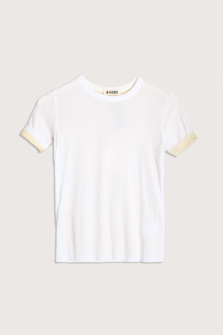 flat lay Double Crepe Jersey Tee White/Pale Yellow Sleeves cotton  two-tone look sleeve
Luxe second skin short sleeve crew neck fit
Set-in sleeves