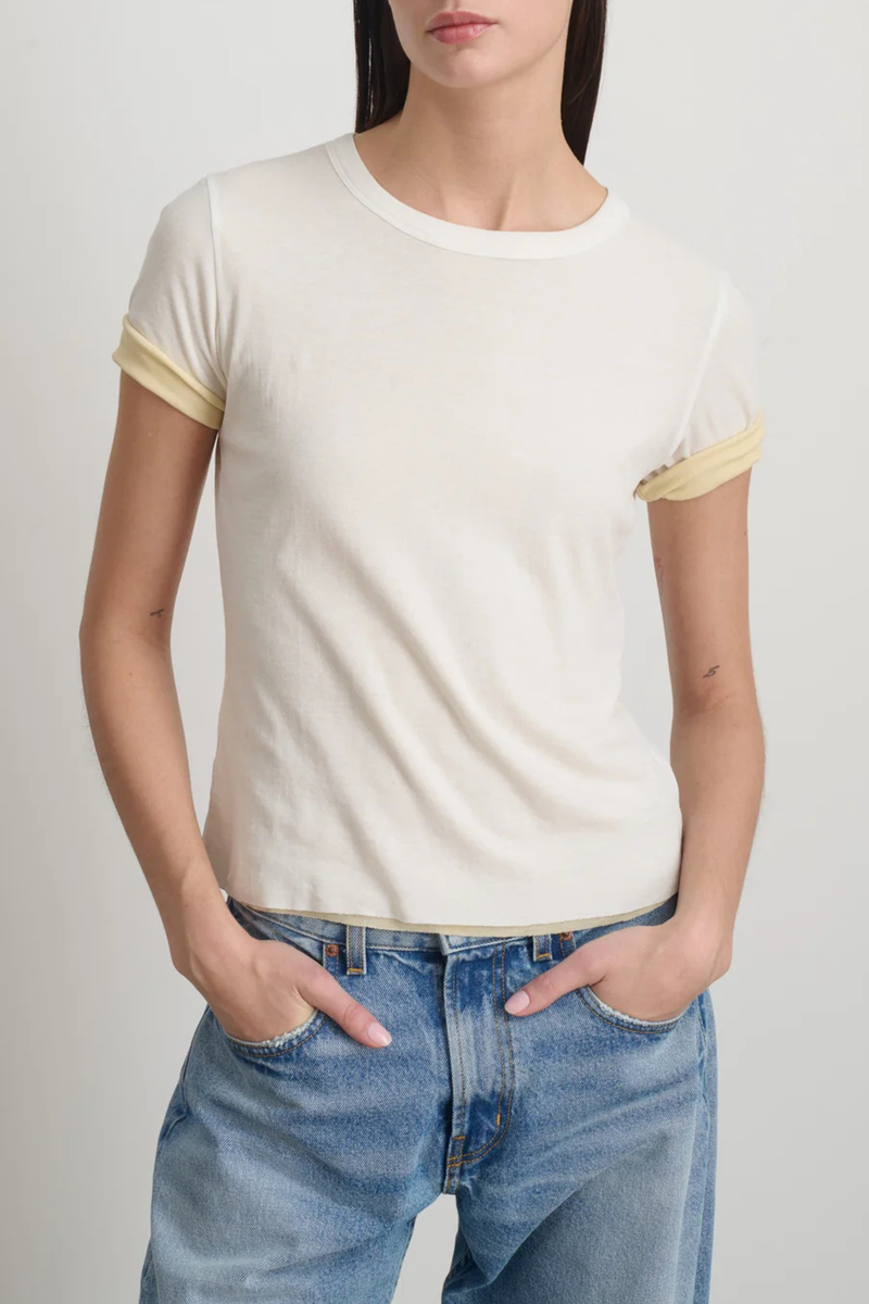 front profile model wearing Double Crepe Jersey Tee White/Pale Yellow Sleeves cotton  two-tone look sleeve
Luxe second skin short sleeve crew neck fit
Set-in sleeves