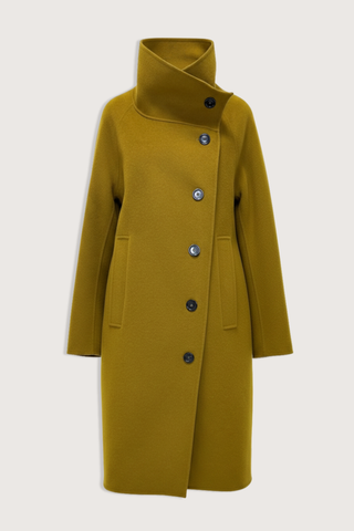 flat lay Double Face High Neck Coat malt Asymmetric coat
Offset button placket
Wide stand-up collar
Button fastening
Raglan sleeves
Vertical welt pockets
With tie belt
Material: 80% wool, 20% cashmere