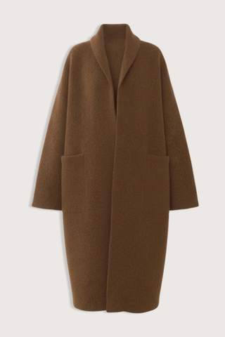 flat lay Double Face Long Coat Rust Softly felted
Double face knit
Oversize patch pockets
Shawl collar
43% Baby Alpaca, 29% Extra Fine Merino Wool, 25% Polyamide, 3% Elastane