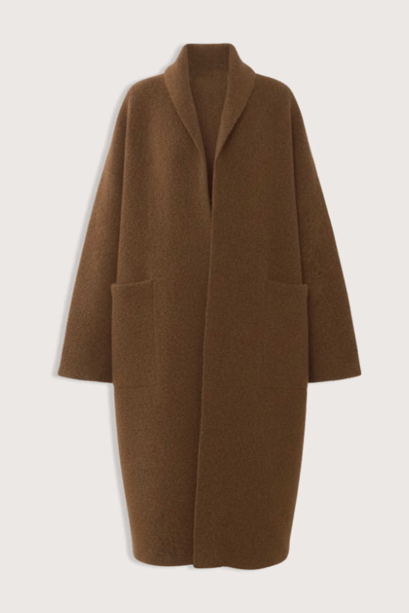 flat lay Double Face Long Coat Rust Softly felted
Double face knit
Oversize patch pockets
Shawl collar
43% Baby Alpaca, 29% Extra Fine Merino Wool, 25% Polyamide, 3% Elastane