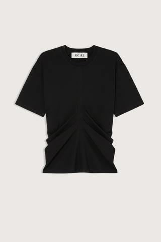 flat lay Draped Short Sleeve T-Shirt Black Seam detailing down the front brings the fabric together and creates draping throughout the garment
Short sleeve t-shirt
60% cotton 34% modal 6% silk
