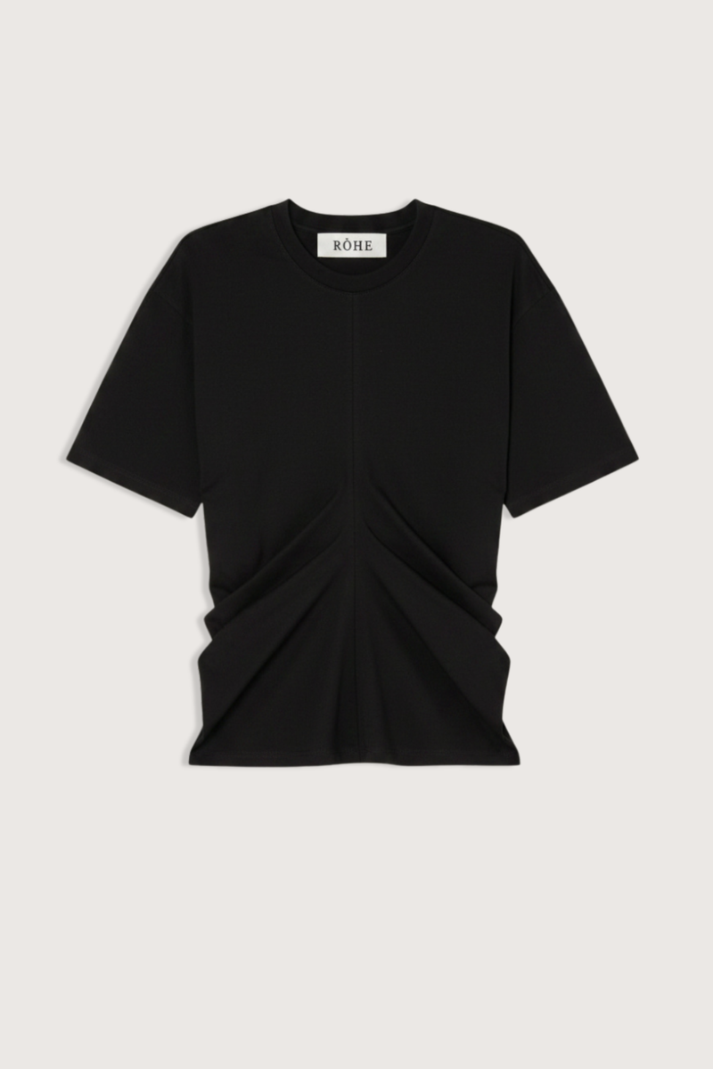 flat lay Draped Short Sleeve T-Shirt Black Seam detailing down the front brings the fabric together and creates draping throughout the garment
Short sleeve t-shirt
60% cotton 34% modal 6% silk