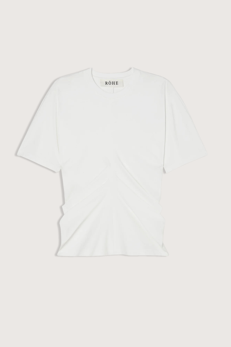 flat lay Draped Short Sleeve T-Shirt White Seam detailing down the front brings the fabric together and creates draping throughout the garment
Short sleeve t-shirt
60% cotton 34% modal 6% silk