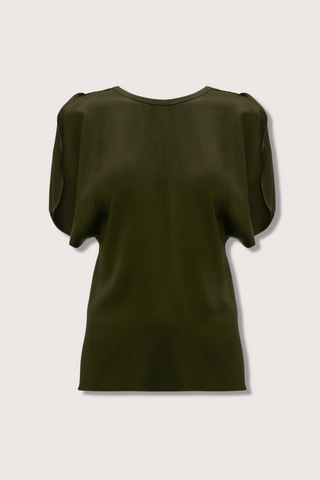 flat lay Draped Sleeve Top Dark Olive Fitted over the hips with draped sleeves
Wide draped sleeves with contrast stitch detail
Front round neckline, deep v-neckline at the back