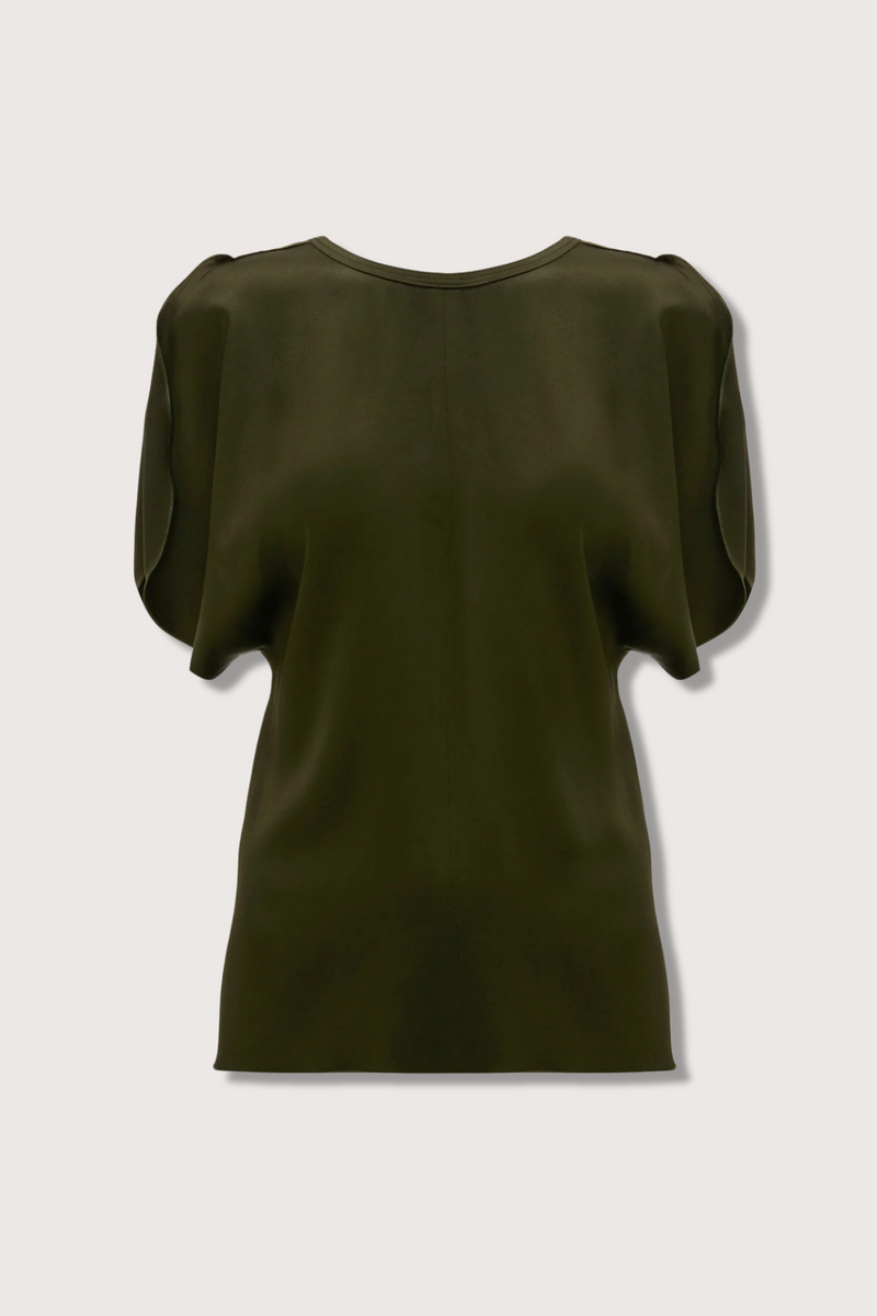 flat lay Draped Sleeve Top Dark Olive Fitted over the hips with draped sleeves
Wide draped sleeves with contrast stitch detail
Front round neckline, deep v-neckline at the back