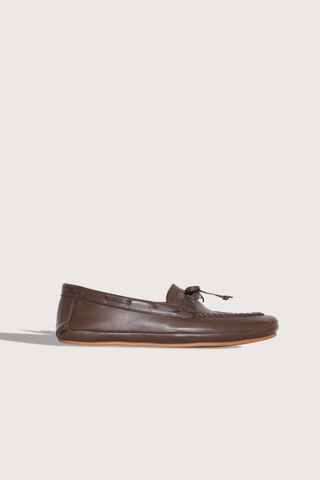 side profile Driver Moccasin Shearling lined chocolate calf leather thin rubber sole with leather tie front