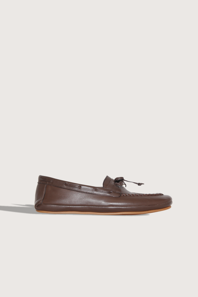 side profile Driver Moccasin Shearling lined chocolate calf leather thin rubber sole with leather tie front