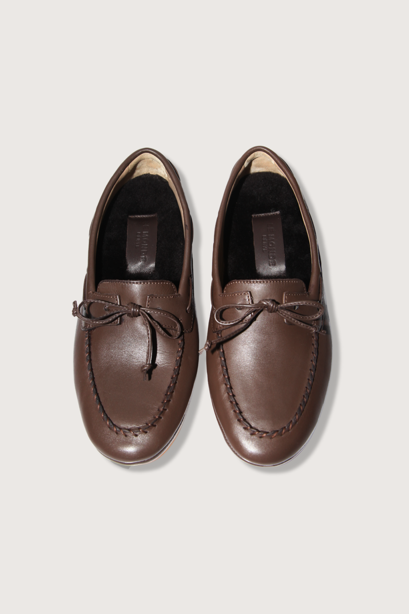 top profile Driver Moccasin Shearling lined chocolate calf leather thin rubber sole with leather tie front