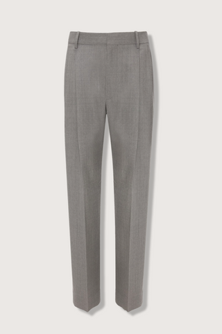 flat lay Drop-Waist Straight Leg Trouser In Light Grey Melange virgin wool high waist front and low waist back design flat front 