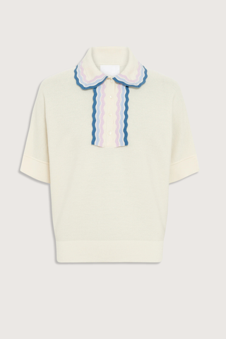 flat lay Duc rick-rack edged collar polo natural multi with blue pink lavender collar details Fine knit top
Relaxed cut
Iconic garter-stitch knit
Collar decorated with three narrow, graded-color rickracks
Milano edges at the bottom