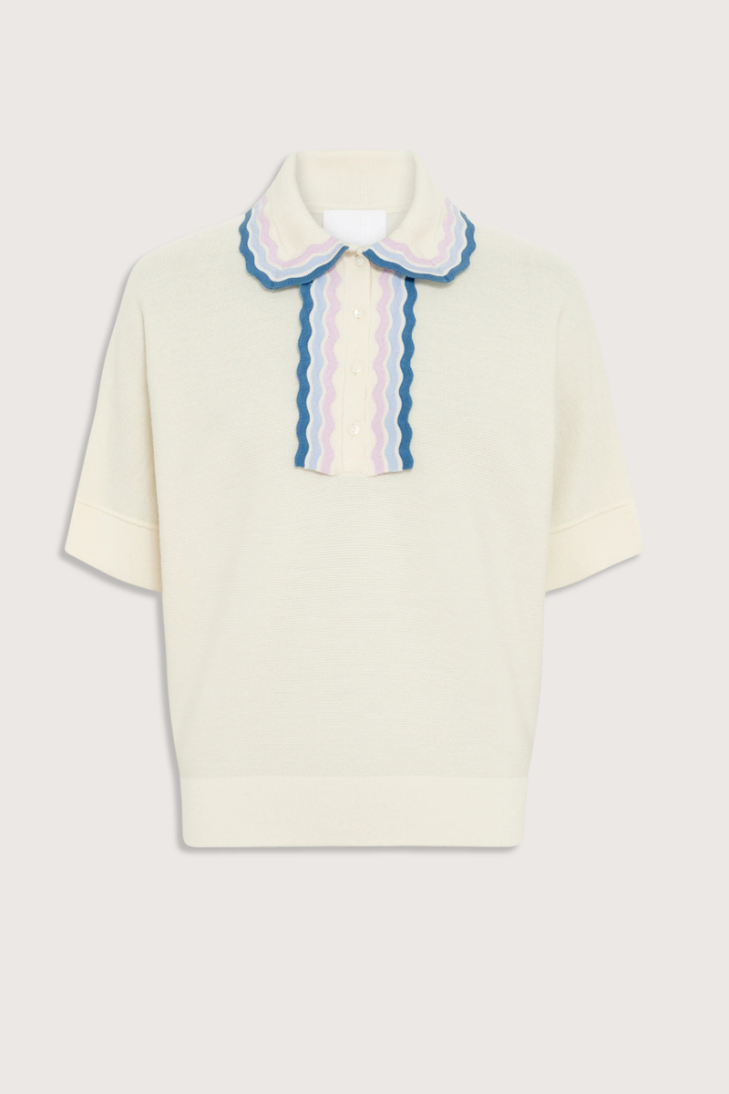 flat lay Duc rick-rack edged collar polo natural multi with blue pink lavender collar details Fine knit top
Relaxed cut
Iconic garter-stitch knit
Collar decorated with three narrow, graded-color rickracks
Milano edges at the bottom