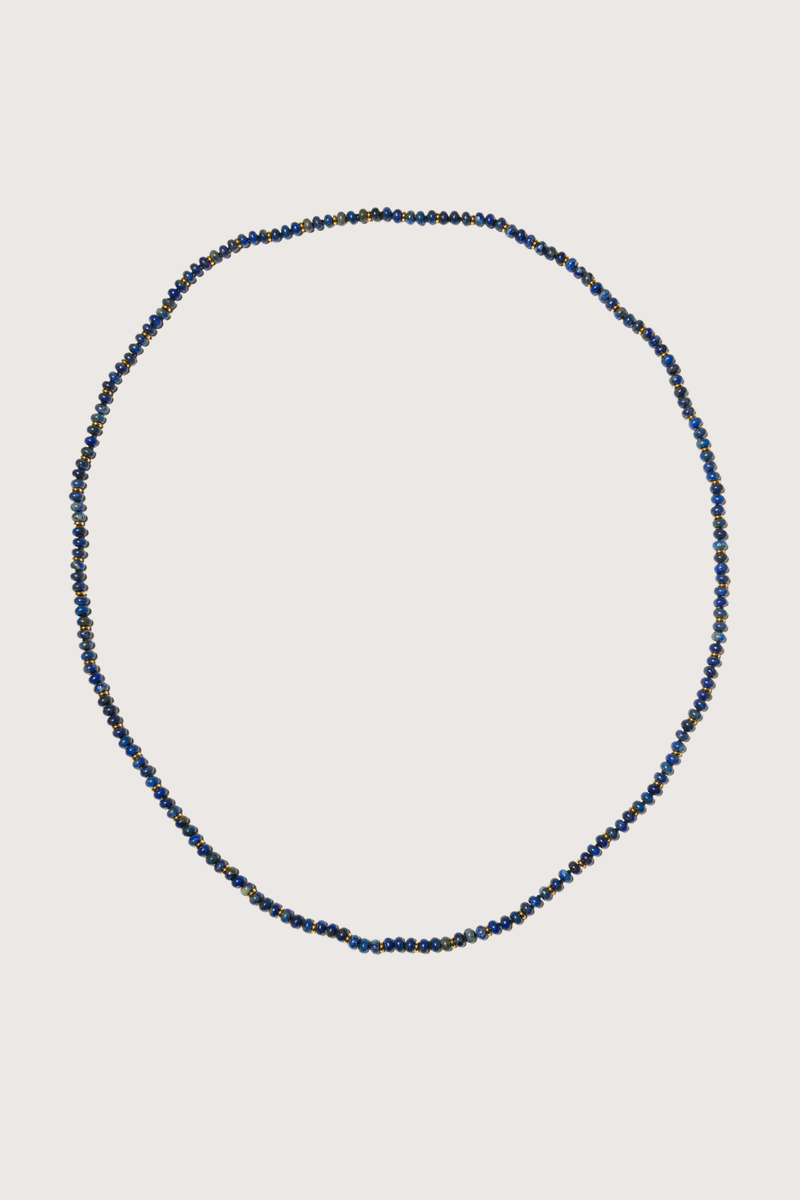 flat lay Dusk Necklace Continuous strand
Blue lapis beads
Generous length
Worn long, doubled or layered
Necklace length 120cm