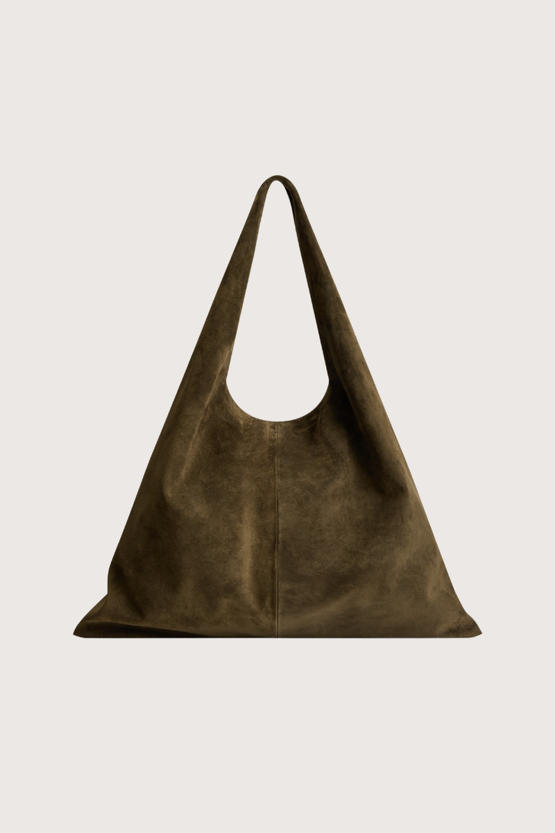 flat lay East Tote Suede Bag padron deep brown Shoulder, or hand carry
Seamless sides
Triangular exterior silhouette
Rounded top
Flat base 
100% Calfskin Suede