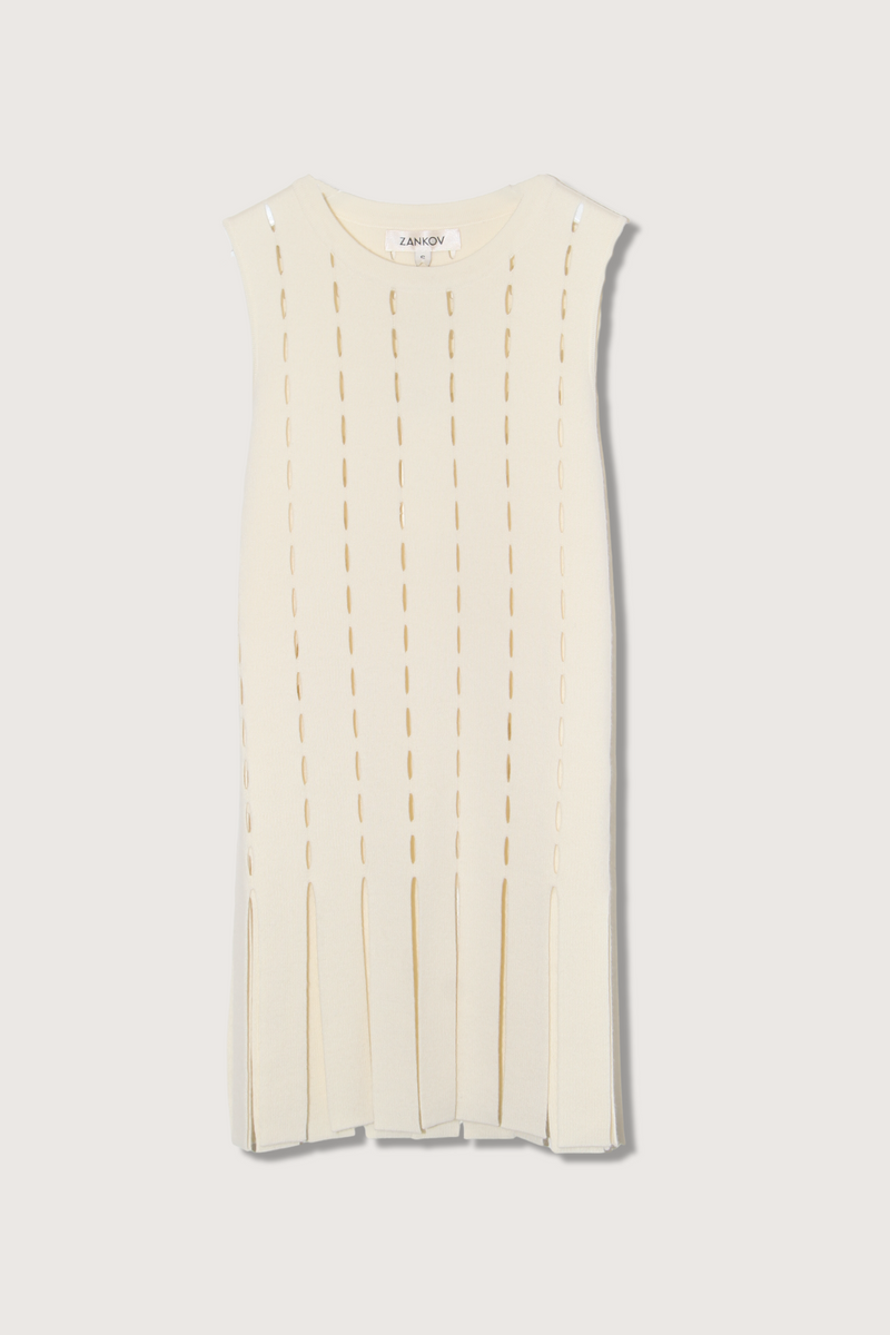 flat lay Eddie Perforated Intarsia Sleeveless ivory wool with fringe hem