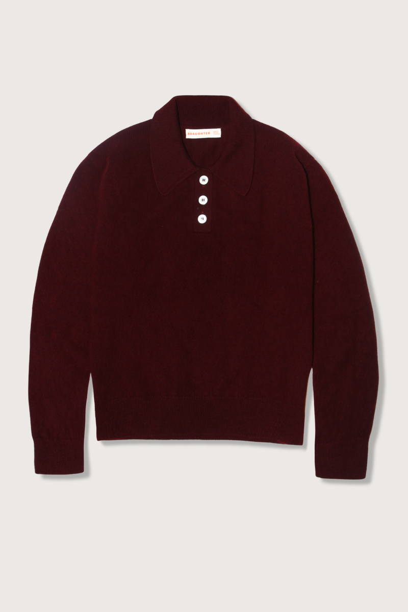 flat lay Edith Polo Shirt burgundy lambswool classic fit subtle slouch long sleeve three front top buttons
