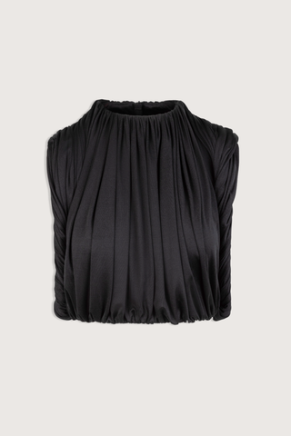 flat lay Effie Silk Jersey Top Black Cropped
Crew neck top
Silk jersey fabric
Twisted armhole detail
Shirred fabric throughout front and back body is hand-sewn into place attached to silk lining
Armholes are twisted jersey fabric that is draped around opening
Center back zipper for closure
Interior waist elastic for comfort
Self: 100% Silk