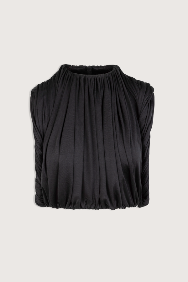 flat lay Effie Silk Jersey Top Black Cropped
Crew neck top
Silk jersey fabric
Twisted armhole detail
Shirred fabric throughout front and back body is hand-sewn into place attached to silk lining
Armholes are twisted jersey fabric that is draped around opening
Center back zipper for closure
Interior waist elastic for comfort
Self: 100% Silk