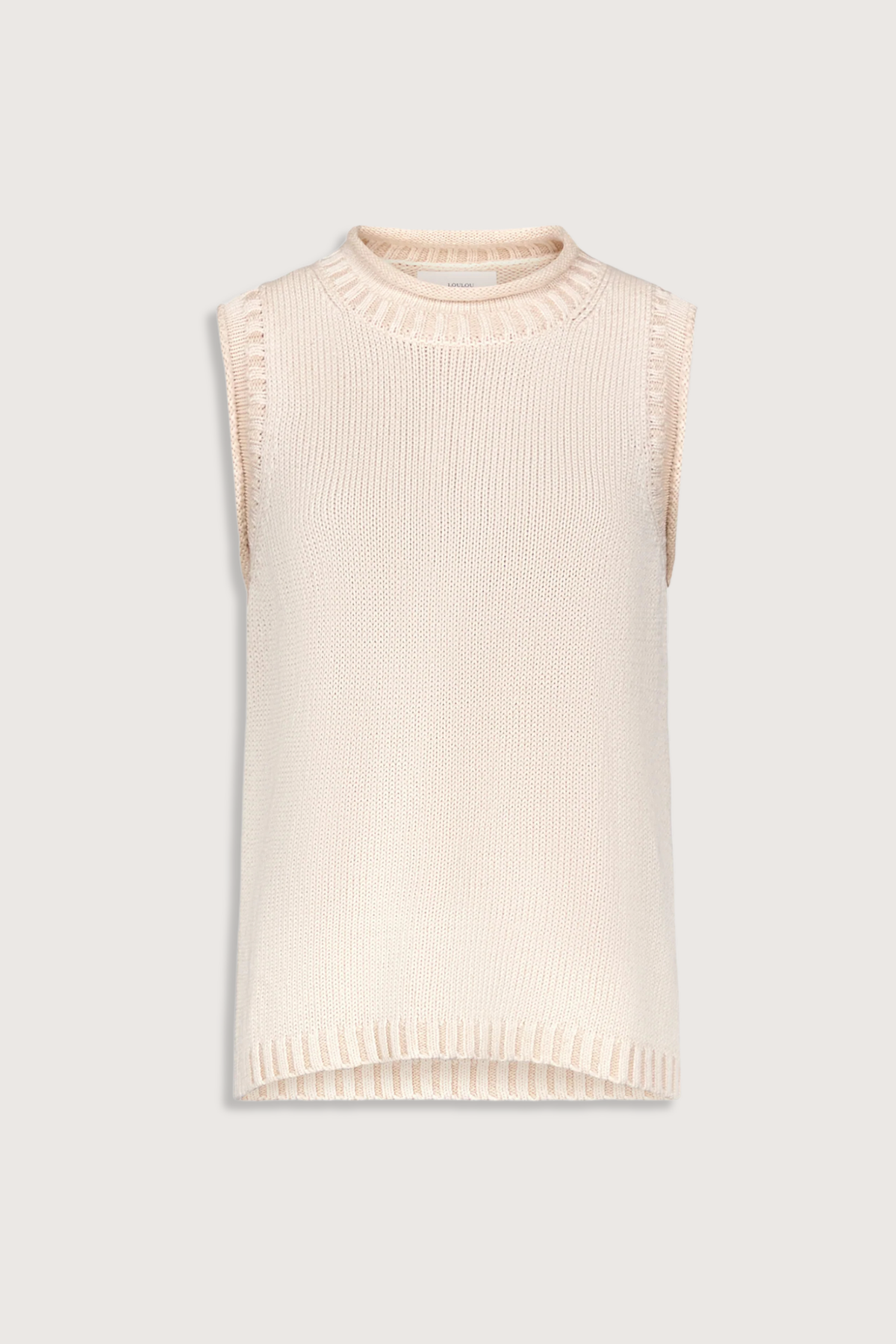 flat lay Effy Boxy Sweater Vest Natural Sleeveless sweater
Boxy fit
Rolled stand collar
Ribbed details on the neckline, armholes and hem