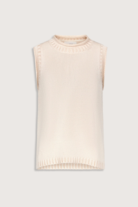 flat lay Effy Boxy Sweater Vest Natural Sleeveless sweater
Boxy fit
Rolled stand collar
Ribbed details on the neckline, armholes and hem
