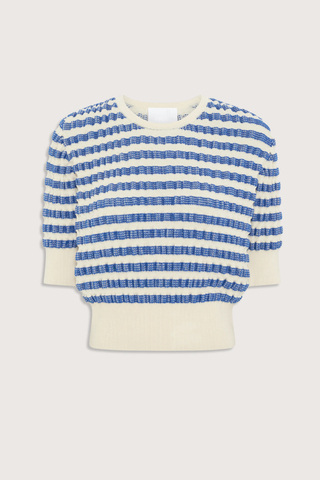 flat lay Egee Sailor Sweater blue white stripe Waffled stitch
Elbow-length sleeves
Round neckline
Slightly wider ribbed hem and cuffs
Lightweight jacquard knitting