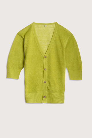 flat lay Elbow Sleeve Split Hem Cardigan light green 100% LINEN
V-neck
3/4 Sleeves
Ribbed cuff &amp; hem
Split hem
4 button front closure