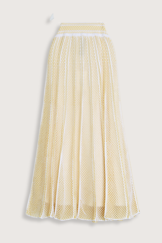 flat lay Elegante Mesh Midi Skirt milk yellow Fine knit skirt
Modern honeycomb knit
Long, flared cut
Light and fluid
Perfect drape
Fully lined
Waistband knitted in a delicate honeycomb jacquard