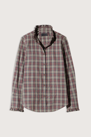 flat lay Elio Cotton Plaid Shirt rust  Classic fit
Ruffle detailing at the neckline and cuffs
Elongated tuxedo cuffs
Traditional tuxedo cuff construction
Center front placket
Troca shell buttons
100% Cotton