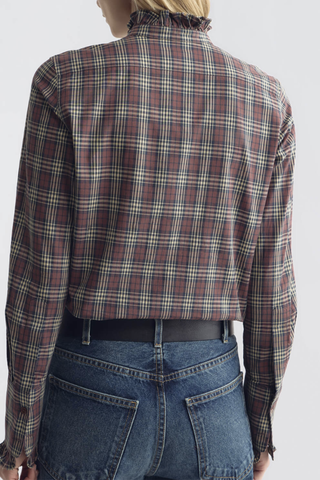 back profile model wearing  Elio Cotton Plaid Shirt rust  Classic fit
Ruffle detailing at the neckline and cuffs
Elongated tuxedo cuffs
Traditional tuxedo cuff construction
Center front placket
Troca shell buttons
100% Cotton