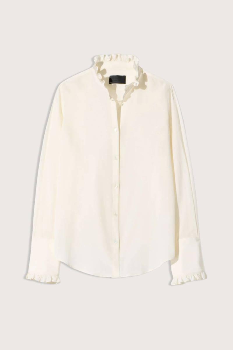flat lay Elio Ruffle Neck & Cuff Shirt ivory Classic fit tailored
Ruffle detailing at the neckline and cuffs
Traditional tuxedo cuff construction
Center front placket
Troca shell buttons
100% Silk