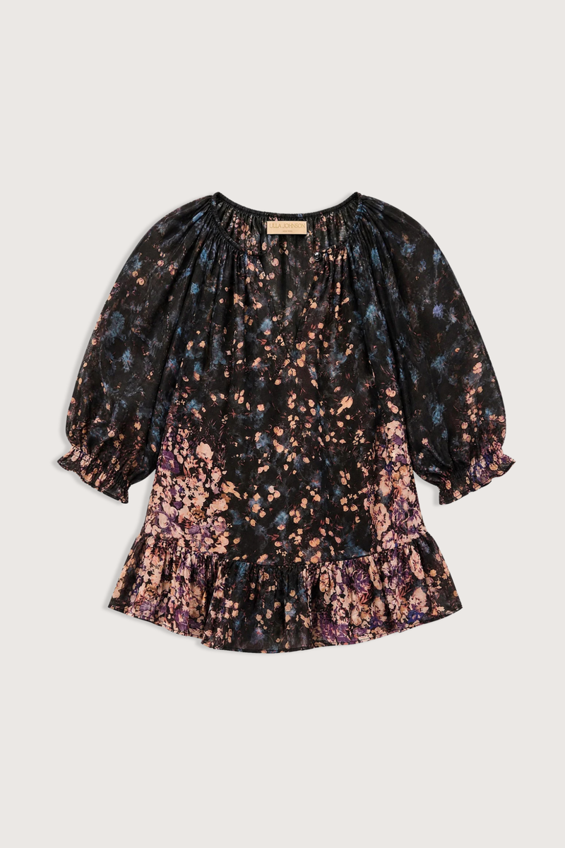 flat lay Elise Silk Blouse eclipse navy and pink Scattered bouquet motif
Rendered in paneled sections that shift in density, color, and shape
Ruffles at the sleeves and hem
100% Silk jacquard
Crew ruffled neckline
Pull-on back neck keyhole
Short sleeve
Draped throughout