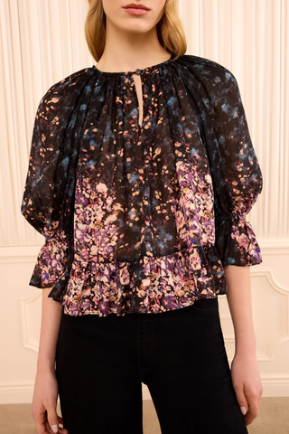 front profile model wearing Elise Silk Blouse eclipse navy and pink Scattered bouquet motif
Rendered in paneled sections that shift in density, color, and shape
Ruffles at the sleeves and hem
100% Silk jacquard
Crew ruffled neckline
Pull-on back neck keyhole
Short sleeve
Draped throughout