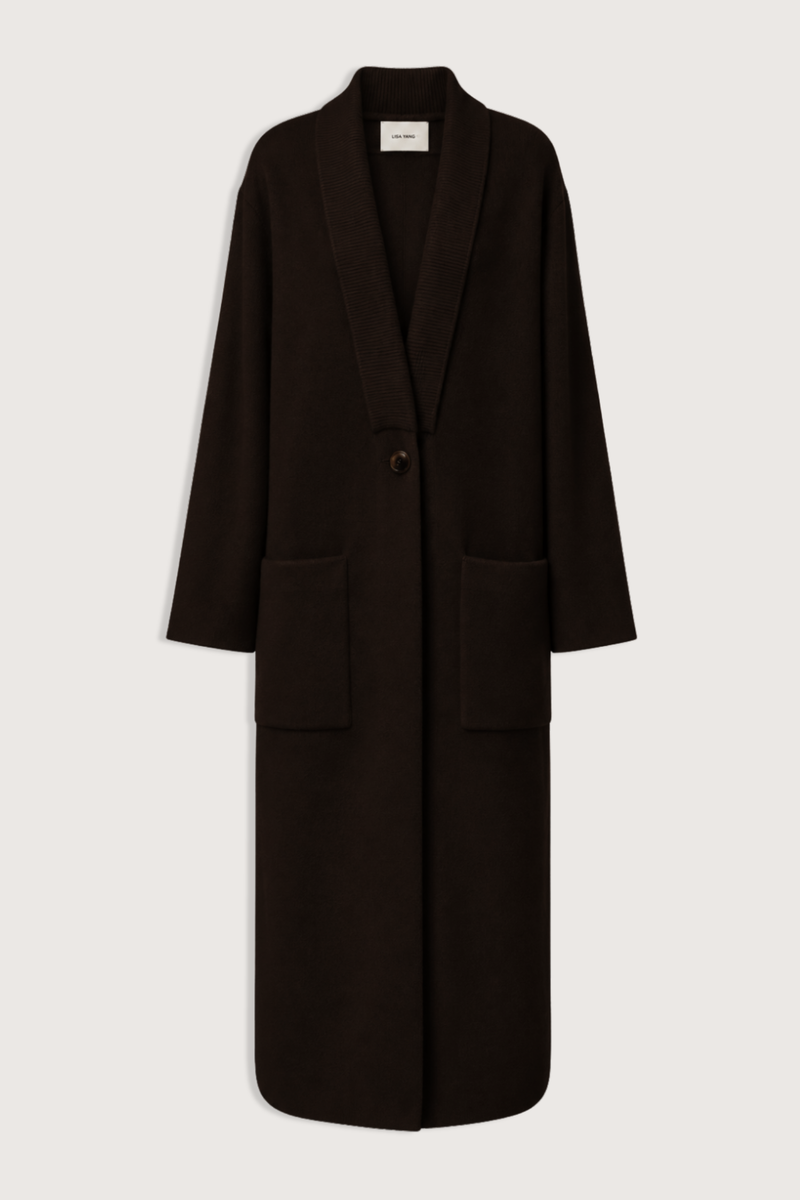 flat lay Emei V-Neck Long Cardigan Coat dark oak brown Single-breasted
Front patch pockets
100% cashmere
Drop shoulders
Straight fit