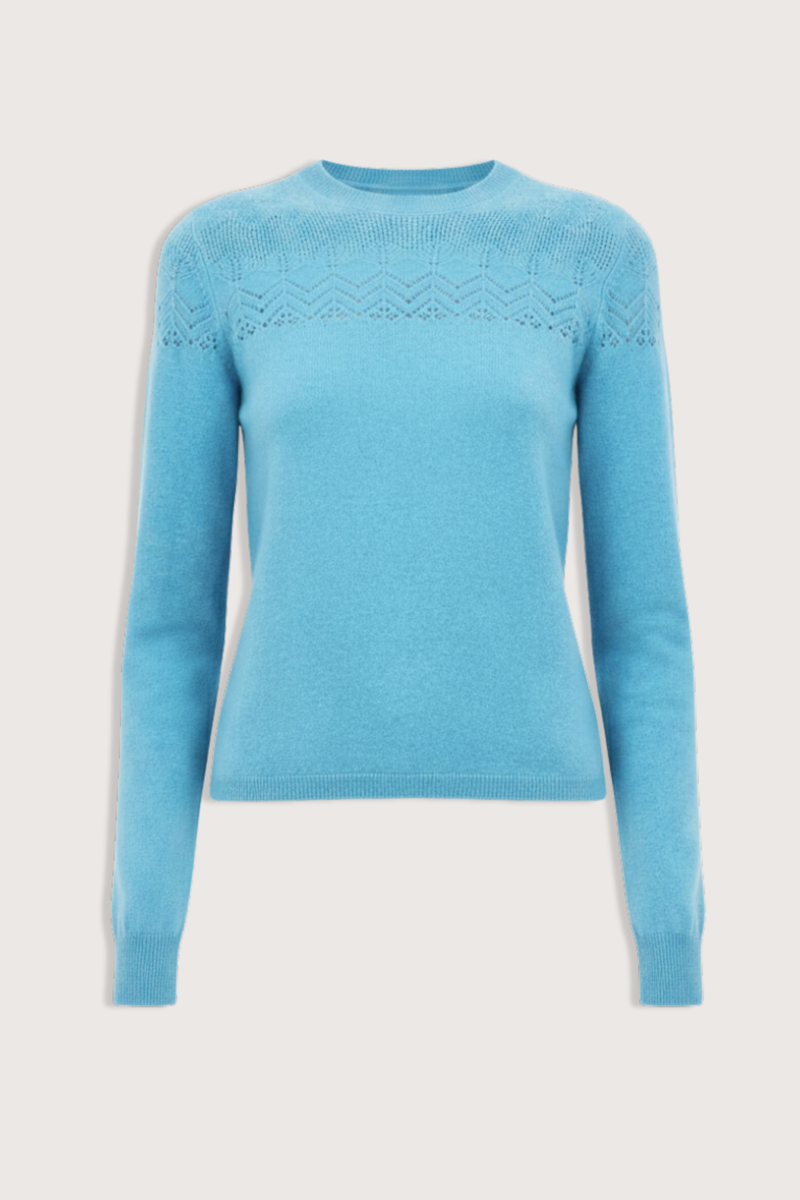 flat lay Emelie Long Sleeve Cashmere Sweater Cerulean blue Long sleeve
Crewneck
Fine-knit below neck
100% Cashmere