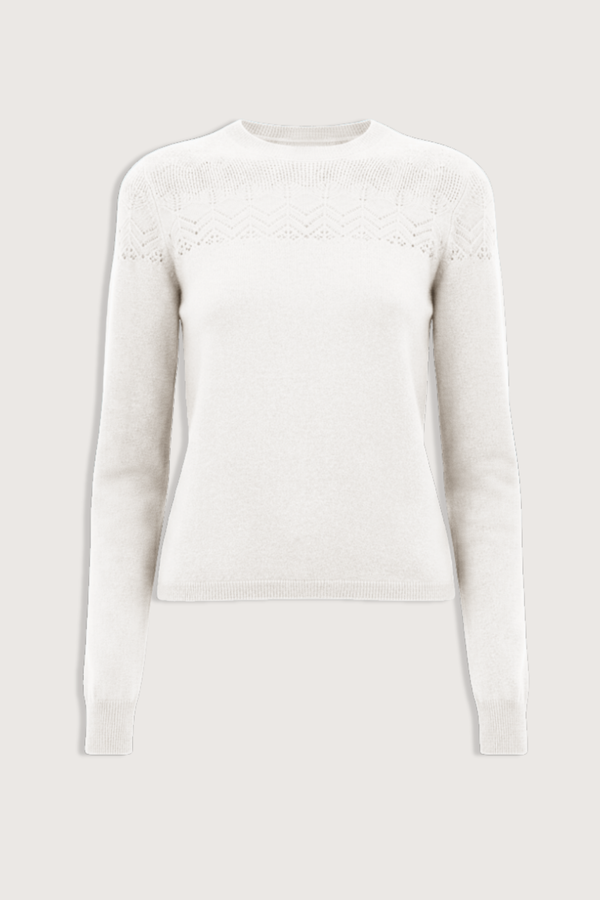 flat lay Emelie Long Sleeve Cashmere Sweater Pearl white Long sleeve
Crewneck
Fine-knit below neck
100% Cashmere