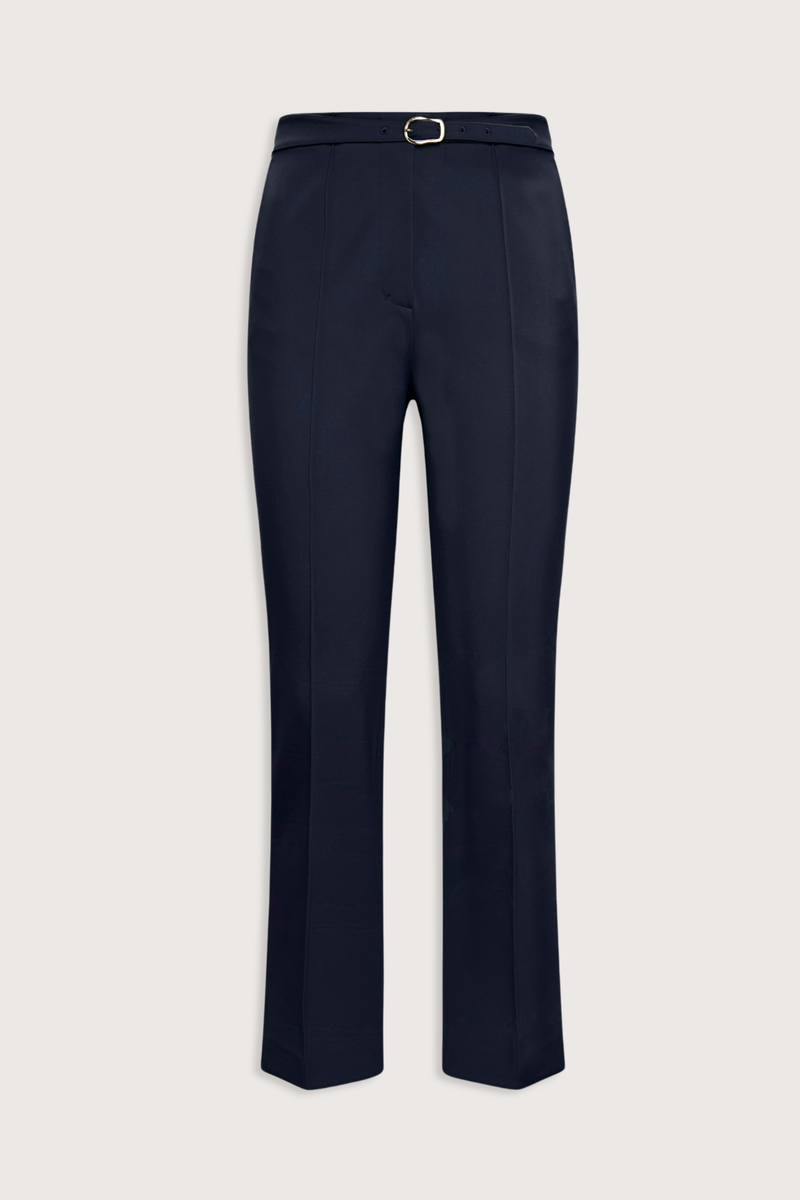 flat lay Emotional Essence Pants dark navy Kick flare pants
Punto Milano
Matching belt detail with signature buckle
Piped seams
Diagonal side pockets
Back welt pockets