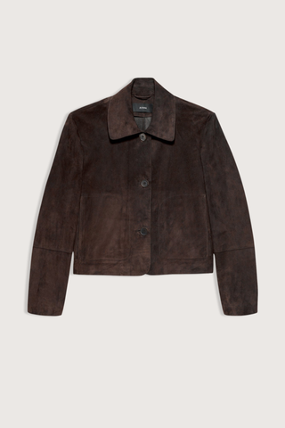 flat lay Emy Suede Jacket Mud Brown  button down jacket
Cropped length and detailed with horn button closure and front pockets
Fits true to size, take your normal size
Dropped shoulder seam
100% goat suede