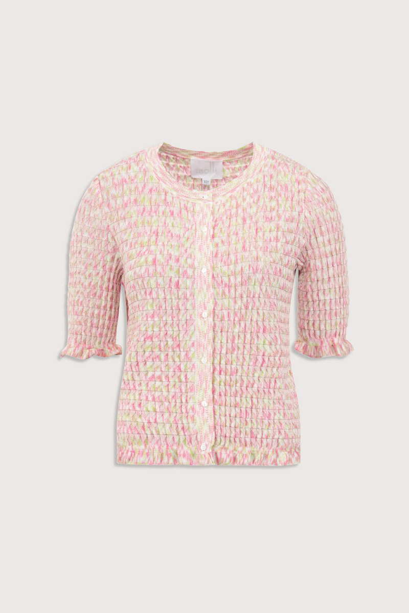flat lay Enjoue Mini Origami Knit Cardigan Natural/Pink natural pink multi Short sleeves
Lovely volume
Ruffled trim at the waist and cuffs
Origami knit
Round neckline
Front closure with small buttons