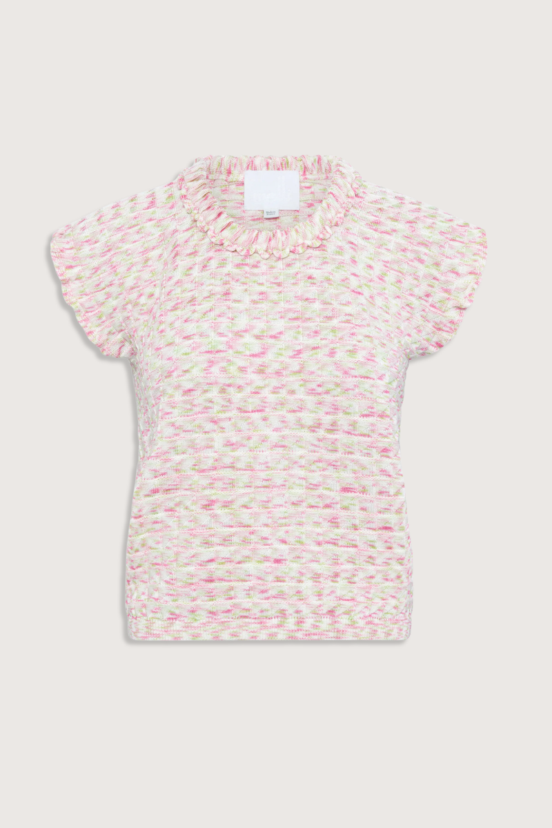 flat lay Etincele Orgiami Top Natural/Pink combo Fine wool&nbsp;top
Ultra-modern denim effect
Delicate origami knit
Blend of extra-soft pure wool and luxurious rayon yarns
Graded texture
Round neckline