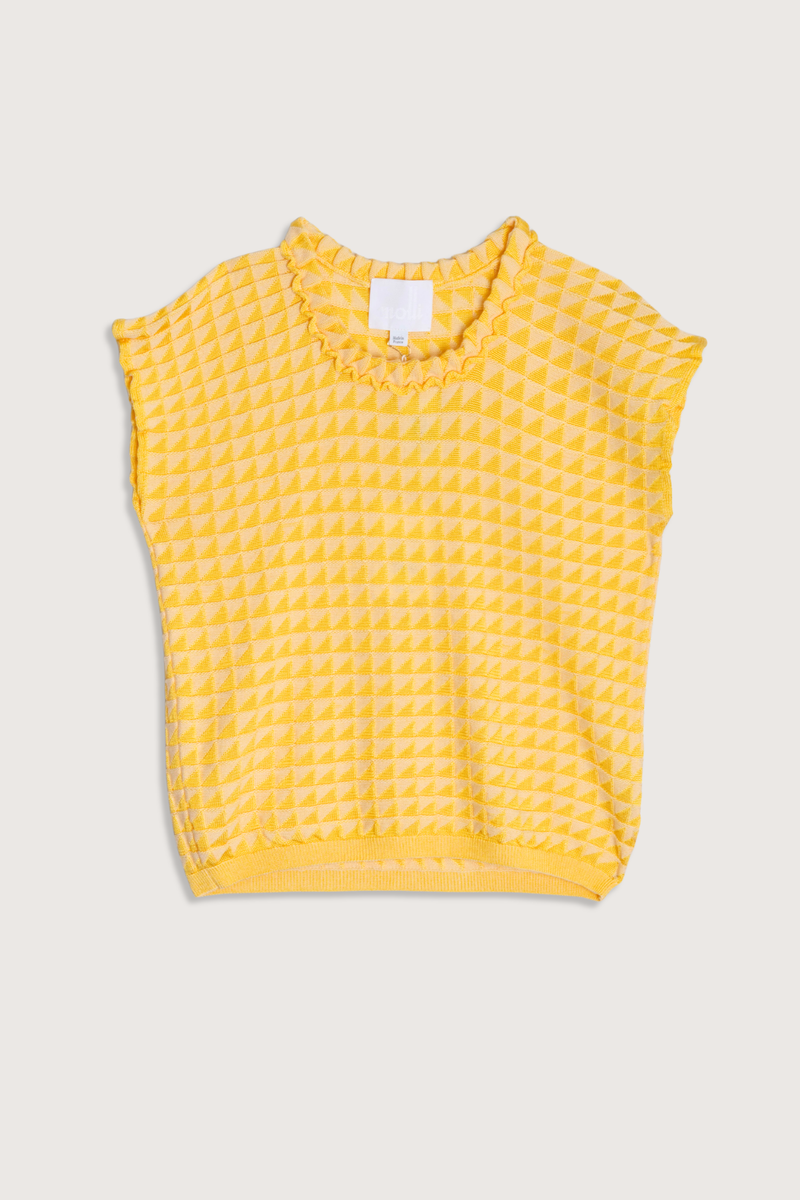 flat lay Etincele Orgiami Top Natural/Sun Fine wool
Delicate origami knit
Blend of extra-soft pure wool and luxurious rayon yarns
Graded texture
Round neckline