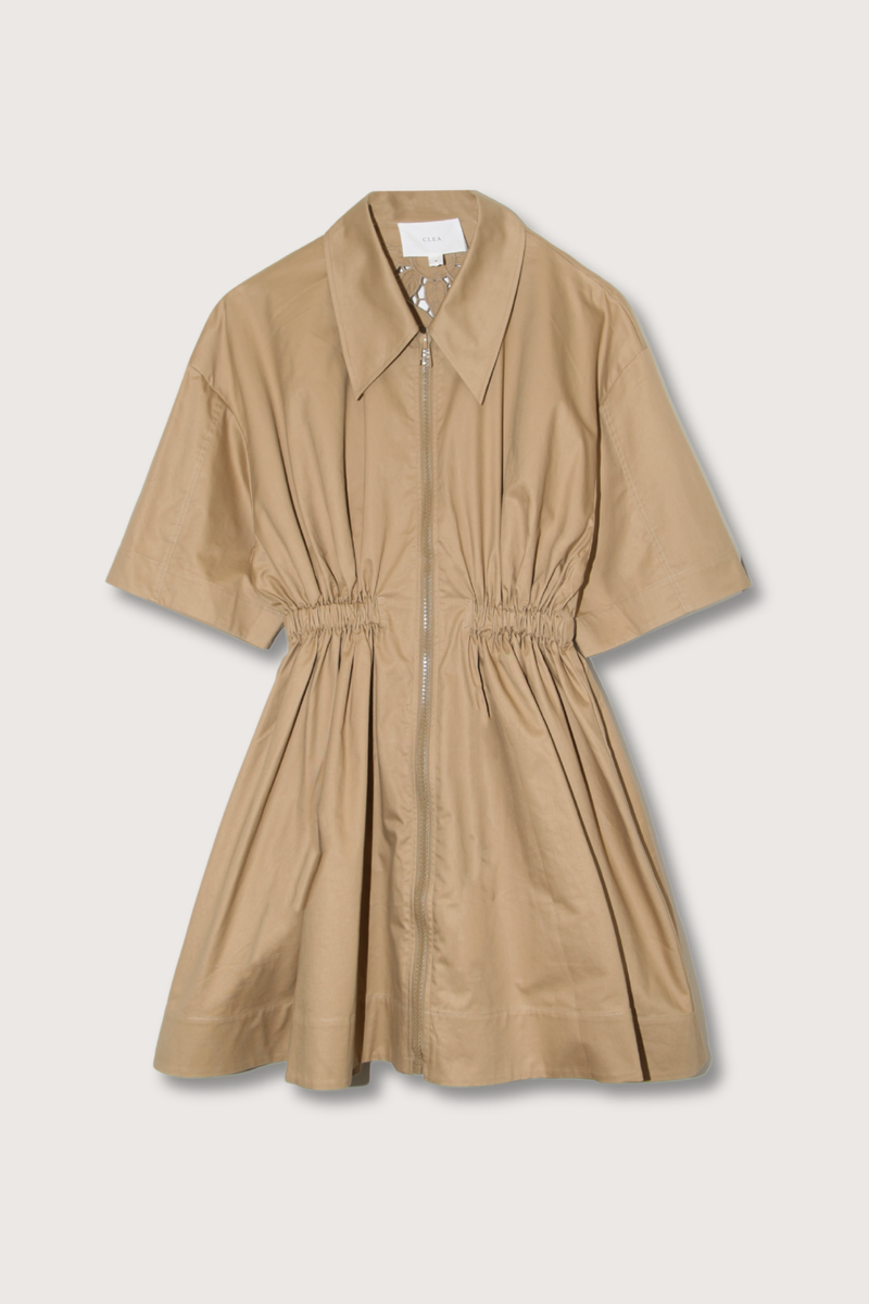 flat lay Evander mini Dress cotton toffee low neckline, exaggerated collar, and a chunky front zipper 