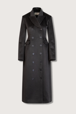 flat lay Evelyn Cashmere Coat black double breasted tailored fit flap pockets with leather under collar