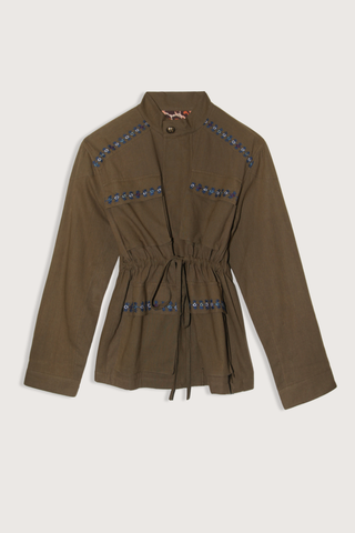 flat lay Evelyn Olive Branch Army Jacket dark green Cotton twill
Utility style jacket
Flap pockets
Drawstring waist
Trimmed with hand embroidery and lined in leopard print
Blue embroidery details on the shoulder and flap pockets
100% Khadi Cotton
Snap Front with hidden front zip